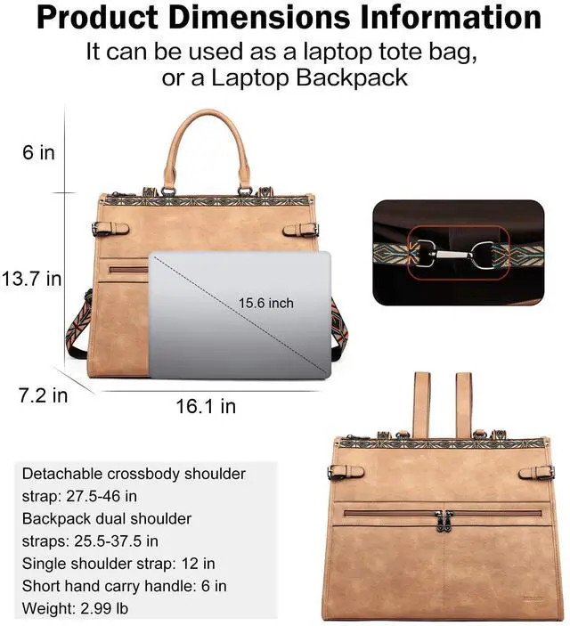 Alt view image 3 of 5 - FADEON Laptop Bag for Women Designer PU Leather Large Tote Bags Packpack Purses with 15.6 Laptop Compartment Travel Shoulder Handbag Brown