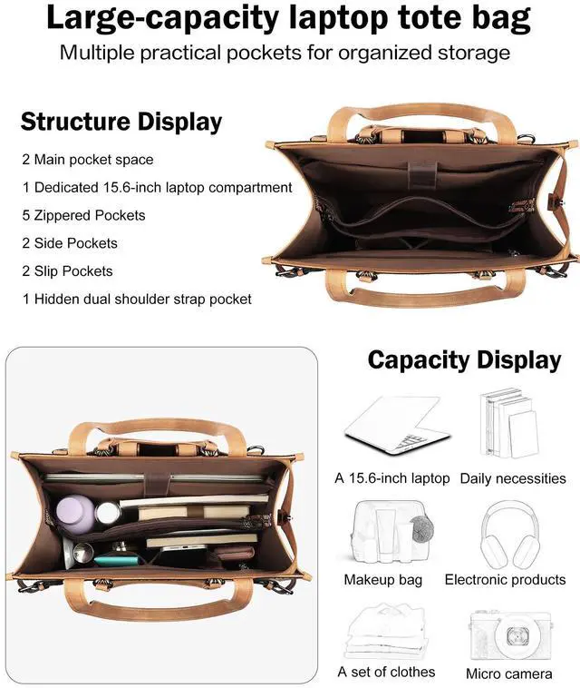 Alt view image 4 of 5 - FADEON Laptop Bag for Women Designer PU Leather Large Tote Bags Packpack Purses with 15.6 Laptop Compartment Travel Shoulder Handbag Brown
