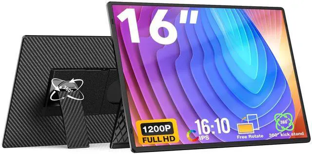 Main image of FLYTOCCA Portable Monitor, 16 Inch FHD 1200P, 360deg Rotating Detachable Stand, Plug&Play Travel Monitor for Laptop, Ultra-Thin Zero Frame, Premium Smart Cover, Portable Screen for Laptop/PC/Mac