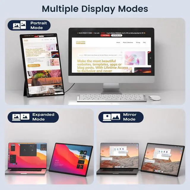 Alt view image 3 of 5 - FLYTOCCA Portable Monitor, 16 Inch FHD 1200P, 360deg Rotating Detachable Stand, Plug&Play Travel Monitor for Laptop, Ultra-Thin Zero Frame, Premium Smart Cover, Portable Screen for Laptop/PC/Mac