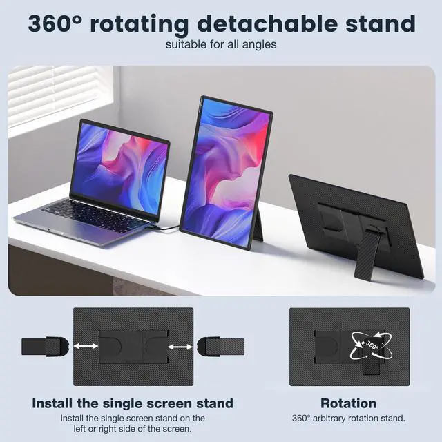 Alt view image 4 of 5 - FLYTOCCA Portable Monitor, 16 Inch FHD 1200P, 360deg Rotating Detachable Stand, Plug&Play Travel Monitor for Laptop, Ultra-Thin Zero Frame, Premium Smart Cover, Portable Screen for Laptop/PC/Mac