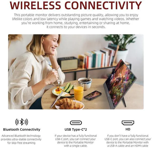 Alt view image 2 of 5 - gogtesi Wireless Portable Monitor 15.6 Inch 1080P FHD Ultra Slim Display WiFi Connectivity 180deg Adjustable Built-in Stand Lightweight Travel Monitor for Laptop, MAC, Phone, PS5