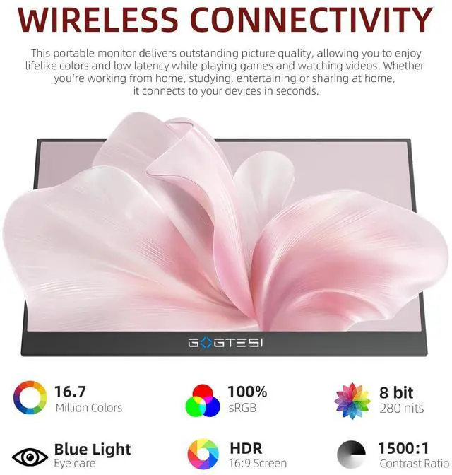 Alt view image 3 of 5 - gogtesi Wireless Portable Monitor 15.6 Inch 1080P FHD Ultra Slim Display WiFi Connectivity 180deg Adjustable Built-in Stand Lightweight Travel Monitor for Laptop, MAC, Phone, PS5
