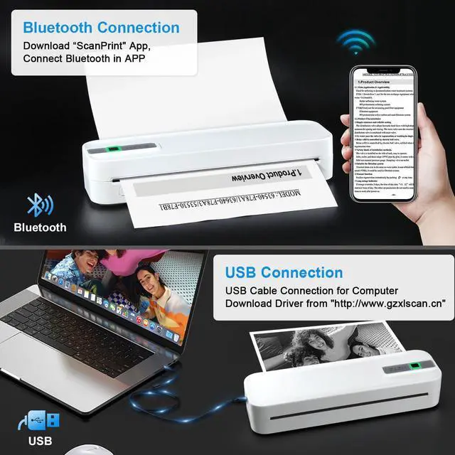 Alt view image 4 of 5 - SLCZCZ Travel Thermal Wireless Portable Printer, Bluetooth & USB Inkless Printing Inkless Printer Support A4/A5 Thermal Paper, Compatible with Android & iOS Phone/Laptop White