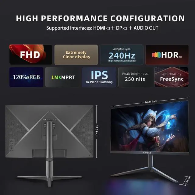 Alt view image 2 of 5 - INFIEVO Gaming Monitor 27 Inch FHD 1080P Computer Monitor 240Hz IPS 1ms, FreeSync, Ultra-Thin PC Monitor, VESA Compatible, Liftable and Pivotable Stand, HDMI/DP X2, Eye Care, Built-in Speakers