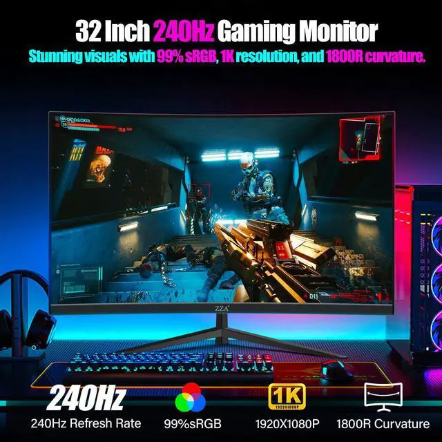 Alt view image 2 of 5 - ZZA 32" 1K HDR Gaming Curved Monitor - FHD (1920x1080), 240Hz,1500R, 1ms, Extreme Low Motion Blur, FreeSync Premium, VESA Mountable, DisplayPort, HDMI