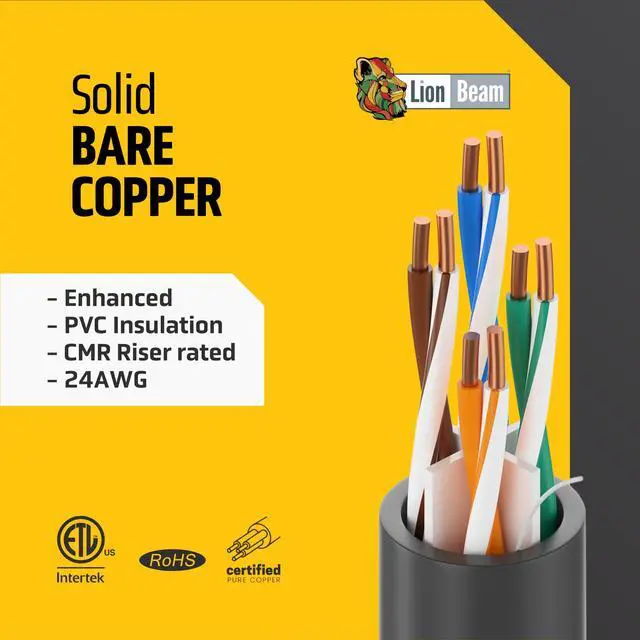 Alt view image 2 of 5 - LION BEAM(tm) Cat6e Enhanced Ethernet Cable 1000 FT Box 24AWG PVC-CMR Insulated Solid Bare Copper Internet Cable 600 MHz, Provides High-Speed 10Gbps, UTP Bulk Ethernet Riser Cable with Fast Reel, Blue