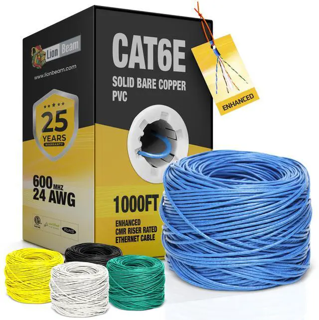 Main image of LION BEAM(tm) Cat6e Enhanced Ethernet Cable 1000 FT Box 24AWG PVC-CMR Insulated Solid Bare Copper Internet Cable 600 MHz, Provides High-Speed 10Gbps, UTP Bulk Ethernet Riser Cable with Fast Reel, Blue