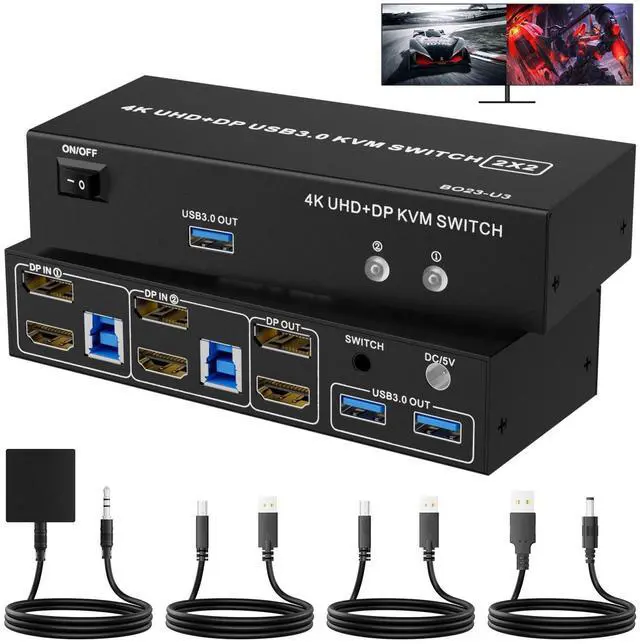 Main image of LUKFOCAB Dual Monitor HDMI + DisplayPort KVM Switch 2 Monitors 2 Computers with 3 USB 3.0 Ports, Support 4K@60Hz Copy Extended Splicing Display, Wired Extension Button & 2 USB Cables Included