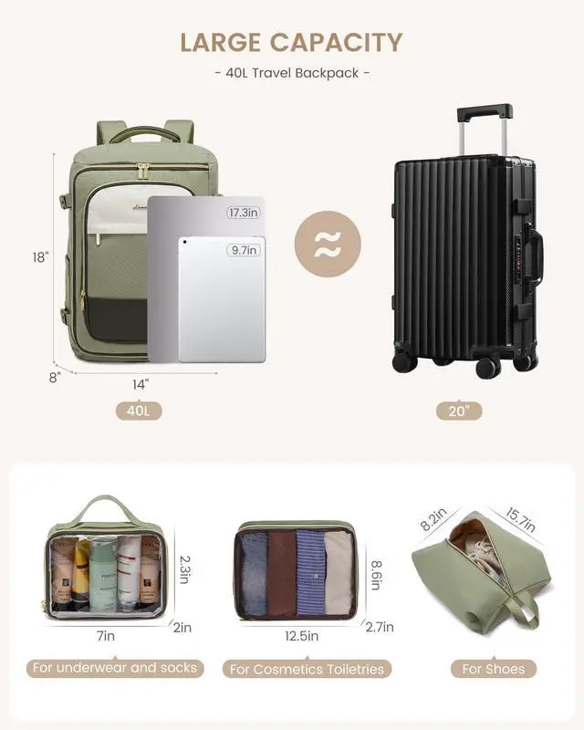 Alt view image 3 of 5 - LOVEVOOK Large Travel Backpack for Women, 40L TSA Approved Backpack with 3 Packing Cubes, Personal Item Bag Fits 17" Laptop, Water-resistant Travel Carry On Bag for Women