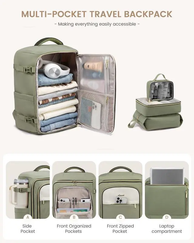 Alt view image 4 of 5 - LOVEVOOK Large Travel Backpack for Women, 40L TSA Approved Backpack with 3 Packing Cubes, Personal Item Bag Fits 17" Laptop, Water-resistant Travel Carry On Bag for Women