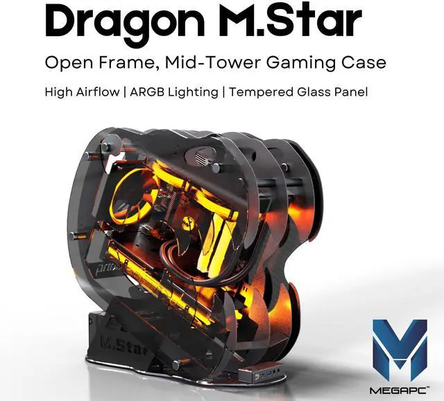 Alt view image 2 of 5 - MegaPC Dinosaur M.Star Open-Frame Mid-Tower Micro-ATX/Mini-ITX Gaming Case - Tempered Glass Panels, High Airflow, ARGB Lighting, USB-C Port, Tool-Free Design (Black, with Fans Only)