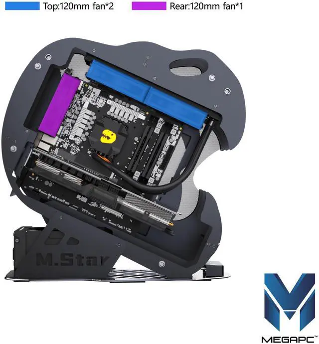 Alt view image 5 of 5 - MegaPC Dinosaur M.Star Open-Frame Mid-Tower Micro-ATX/Mini-ITX Gaming Case - Tempered Glass Panels, High Airflow, ARGB Lighting, USB-C Port, Tool-Free Design (Black, with Fans Only)