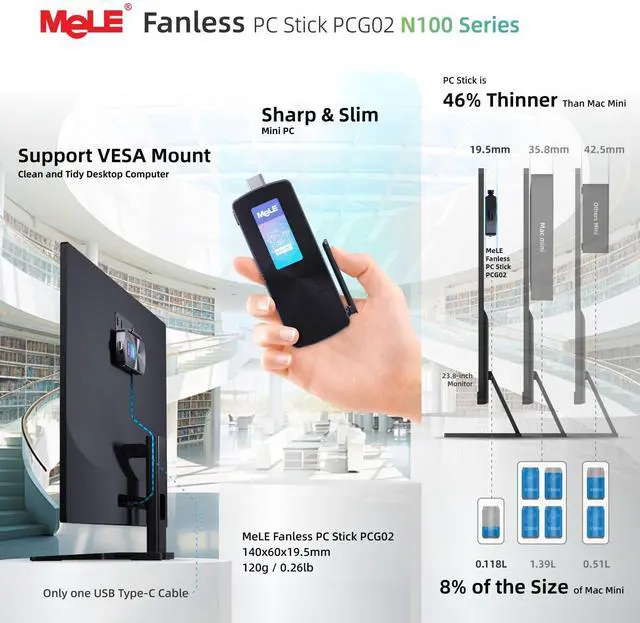 Alt view image 3 of 5 - MeLE Fanless Mini PC Stick PCG02 with Windows 11 Home,12th N100 4GB 128GB,Mini Desktop Computer Stick,Support 4K HDMI,PXE Unlocked Bios,Auto Power on Industry IoT Media Business Office Digital Signage