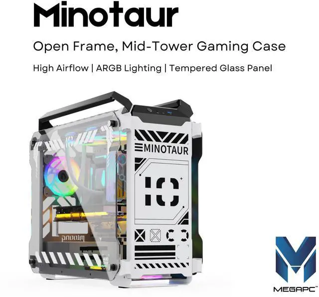 Alt view image 2 of 5 - MegaPC Mino Open-Frame ATX Gaming Case - Industrial Design, Tempered Glass Panels, High Airflow, ARGB Lighting, USB-C Port (Black/White/Print Stream, with Fans + Watercooler)