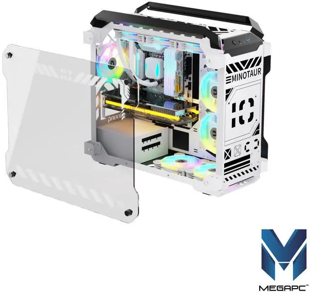 Alt view image 4 of 5 - MegaPC Mino Open-Frame ATX Gaming Case - Industrial Design, Tempered Glass Panels, High Airflow, ARGB Lighting, USB-C Port (Black/White/Print Stream, with Fans + Watercooler)