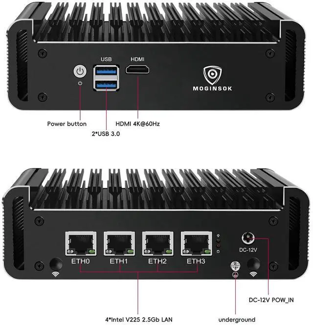 Alt view image 4 of 5 - MOGINSOK Firewall Appliance 2.5Gbe Intel Celeron N5095 Quad Core, 4*Intel I225-V LAN Fanless Mini PC Barebone NO RAM NO SSD Support PFSENSE Router/OPNsense/AESNI
