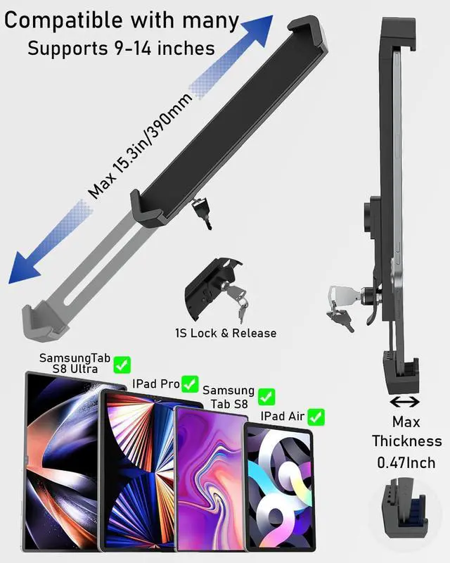 Alt view image 2 of 5 - NATDETC Car/Truck Seat Rail Tablet Mount, [Aluminum Alloy Long Arm]-with Safety Lock, for iPad Pro 12.9/Air, Galaxy Tabs, Surface Pro/Go, Kindle Fire and 9"-14" Tablets