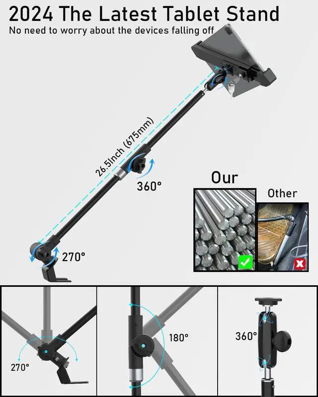 Alt view image 4 of 5 - NATDETC Car/Truck Seat Rail Tablet Mount, [Aluminum Alloy Long Arm]-with Safety Lock, for iPad Pro 12.9/Air, Galaxy Tabs, Surface Pro/Go, Kindle Fire and 9"-14" Tablets