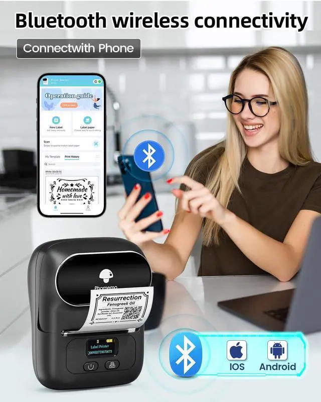 Alt view image 2 of 5 - Phomemo M110 Label Maker- with 6Rolls 40x30mm Thermal Sticker Labels Portable Thermal Printer for Small Business, Address, Logo, Clothing, Mailing, Sticker Printer for Phones & PC