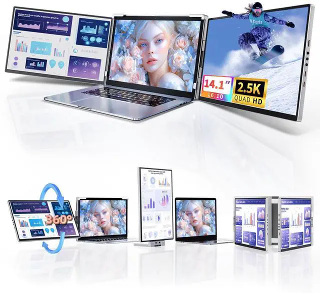 Main image of Pitycbo Laptop Screen Extender Monitor Portable - 2.5K Triple Laptop Screen Extender, Plug and Play Multiple Screens Extended Fits 13-17.3 Inch Laptops Compatible with, Windows, Chrome, Dex