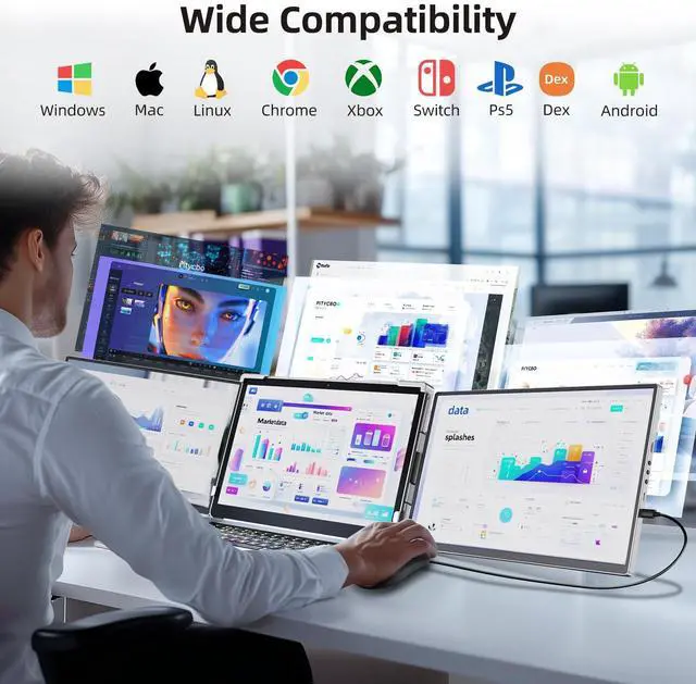 Alt view image 3 of 5 - Pitycbo Laptop Screen Extender Monitor Portable - 2.5K Triple Laptop Screen Extender, Plug and Play Multiple Screens Extended Fits 13-17.3 Inch Laptops Compatible with, Windows, Chrome, Dex