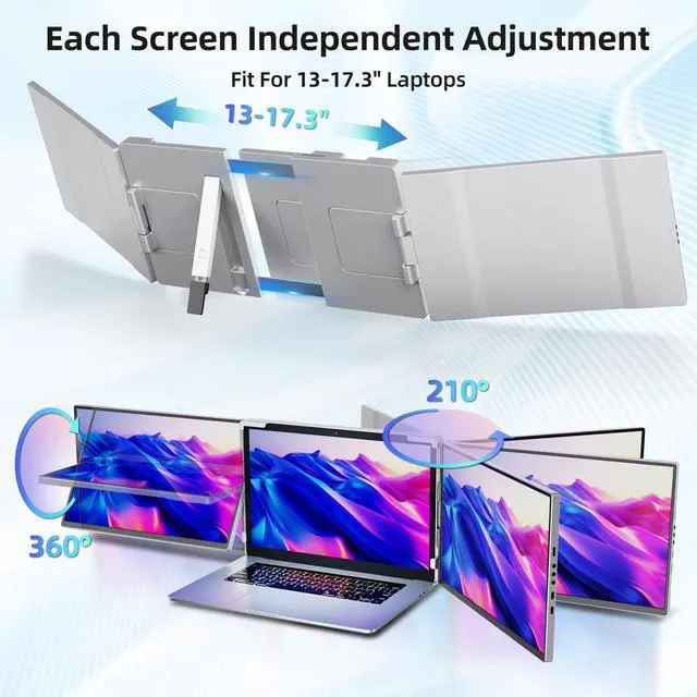 Alt view image 5 of 5 - Pitycbo Laptop Screen Extender Monitor Portable - 2.5K Triple Laptop Screen Extender, Plug and Play Multiple Screens Extended Fits 13-17.3 Inch Laptops Compatible with, Windows, Chrome, Dex