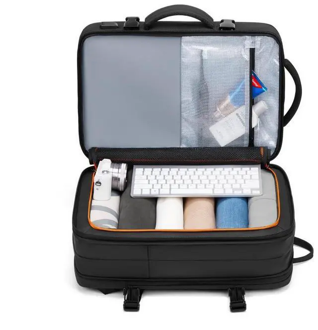 Alt view image 2 of 5 - POIXM Expandable Travel Backpack for Men, Water-Resistant Business Backpack with USB Charging Port, Airline Approved Laptop Backpack, 45L Capacity, Fits 17.3" Laptop, for Work, Travel & Daily Use