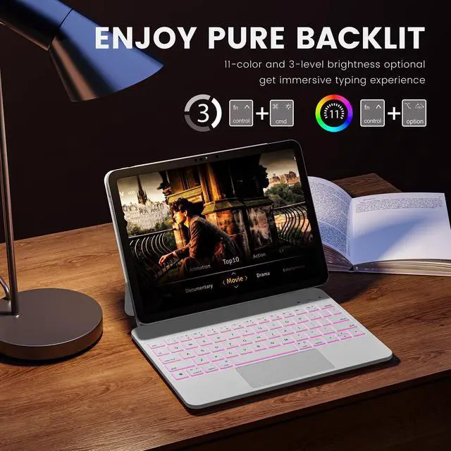 Alt view image 4 of 5 - RAYMCRAFT for iPad 11th(A16, 2025)/10th Generation Case with Keyboard, Magic Keyboard 2022, Springy Backlit Keys, Stain-Resistant Surface, Multi-Touch Trackpad,White