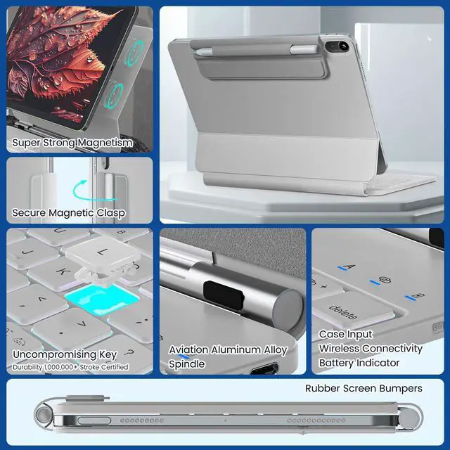 Alt view image 5 of 5 - RAYMCRAFT for iPad 11th(A16, 2025)/10th Generation Case with Keyboard, Magic Keyboard 2022, Springy Backlit Keys, Stain-Resistant Surface, Multi-Touch Trackpad,White