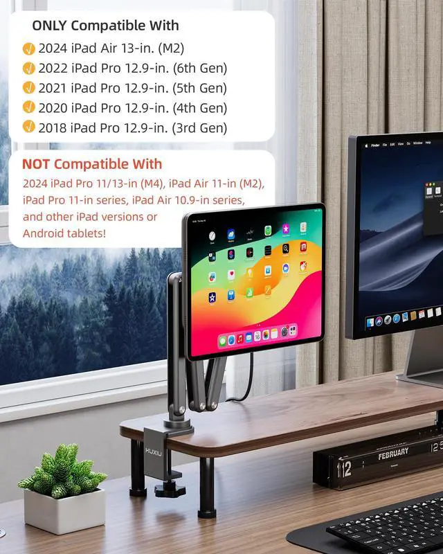 Alt view image 2 of 5 - KU XIU [Upgrade] Magnetic Wireless Charging Stand for iPad Pro 12.9, iPad Air 13 M2 Only, Aluminum Alloy Arm Mount with 2M Cable, Foldable Adjustable Tablet Holder for iPad Pro 12.9 3rd/4th/5th/6th