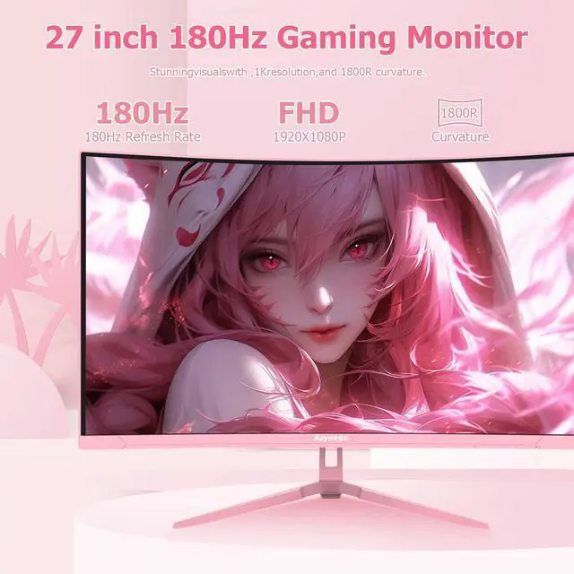 Alt view image 2 of 5 - Raywego Pink 27 inch Curved Gaming Monitor 180Hz,FHD 1080P,1800R LED Display,Pink Computer Monitor,1ms (MPRT),FreeSync,Eye-Care Technology, DP, HDMI Port for Gaming Home Office,VESA(75mm*75mm)