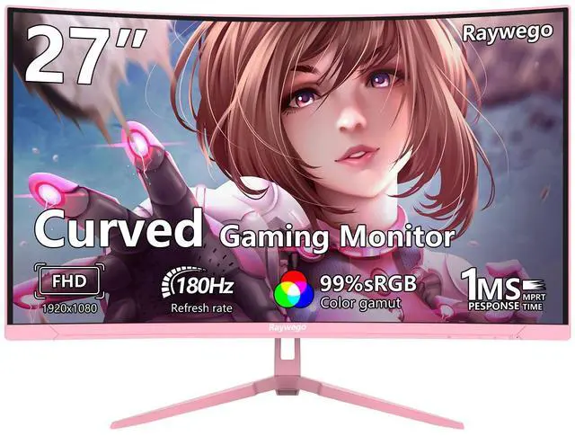 Main image of Raywego Pink 27 inch Curved Gaming Monitor 180Hz,FHD 1080P,1800R LED Display,Pink Computer Monitor,1ms (MPRT),FreeSync,Eye-Care Technology, DP, HDMI Port for Gaming Home Office,VESA(75mm*75mm)