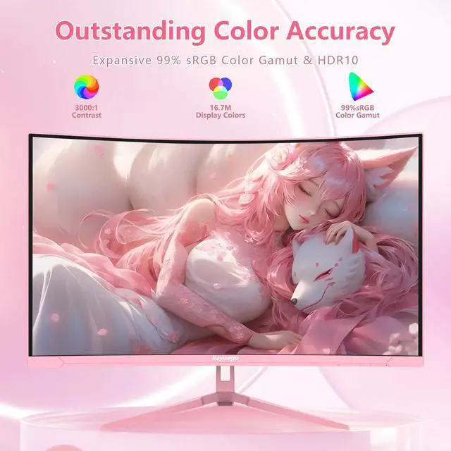 Alt view image 3 of 5 - Raywego Pink 27 inch Curved Gaming Monitor 180Hz,FHD 1080P,1800R LED Display,Pink Computer Monitor,1ms (MPRT),FreeSync,Eye-Care Technology, DP, HDMI Port for Gaming Home Office,VESA(75mm*75mm)