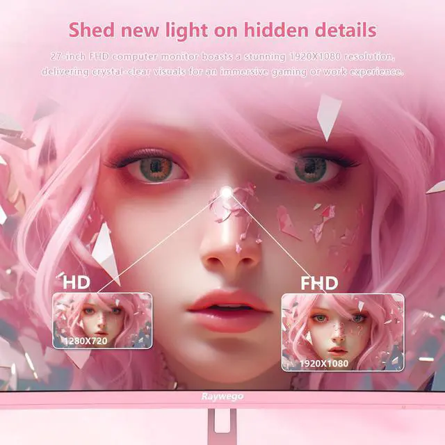 Alt view image 4 of 5 - Raywego Pink 27 inch Curved Gaming Monitor 180Hz,FHD 1080P,1800R LED Display,Pink Computer Monitor,1ms (MPRT),FreeSync,Eye-Care Technology, DP, HDMI Port for Gaming Home Office,VESA(75mm*75mm)