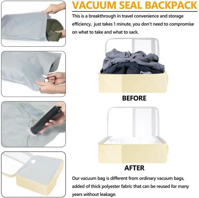 Alt view image 2 of 5 - SUOCO Travel Vacuum Backpack, 60L Seal Compression Air Vac Bag Back Pack with Travel Pump, Carry On Suitcase Luggage Flight Approved for Men Women Personal Item, Beige