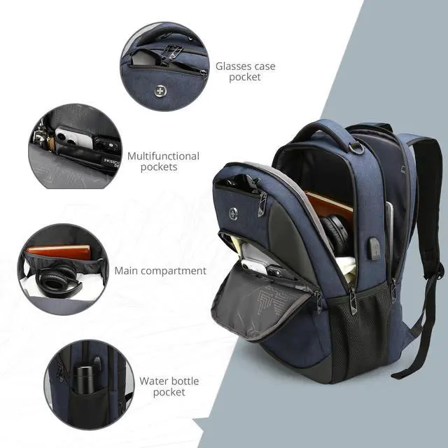 Alt view image 4 of 5 - Swissdigital Design Travel Laptop Backpack for Men and Women, Business Backpack with USB Charging Port for Fits 16 Inch Notebook (ANDWIL SD1670-12 Blue)