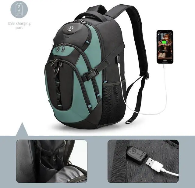 Alt view image 2 of 5 - Swissdigital Laptop Backpack with USB Charging Port, TSA Travel Backpack Fits 15.6 inches Computer, 31L College School Backpack for Men, Lake Green/Black | SD803