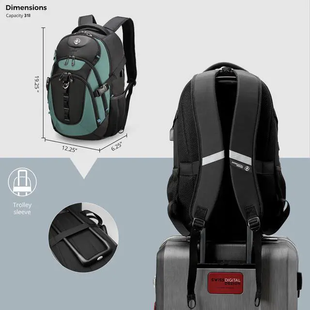 Alt view image 3 of 5 - Swissdigital Laptop Backpack with USB Charging Port, TSA Travel Backpack Fits 15.6 inches Computer, 31L College School Backpack for Men, Lake Green/Black | SD803