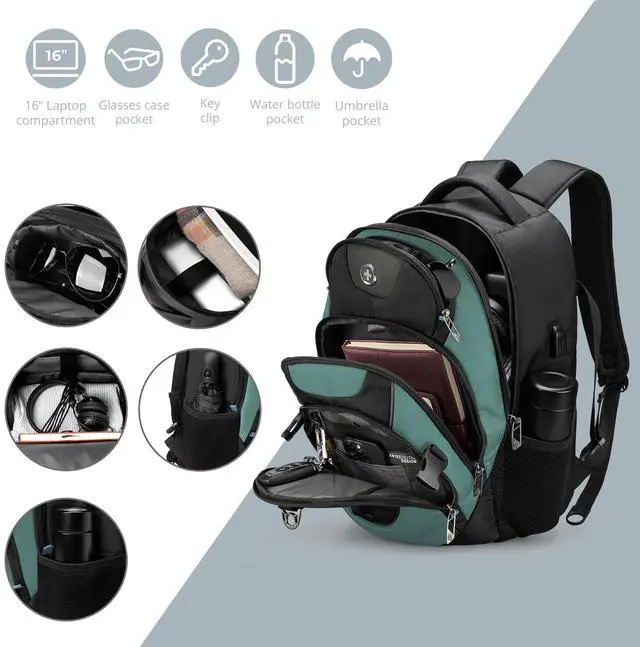 Alt view image 4 of 5 - Swissdigital Laptop Backpack with USB Charging Port, TSA Travel Backpack Fits 15.6 inches Computer, 31L College School Backpack for Men, Lake Green/Black | SD803