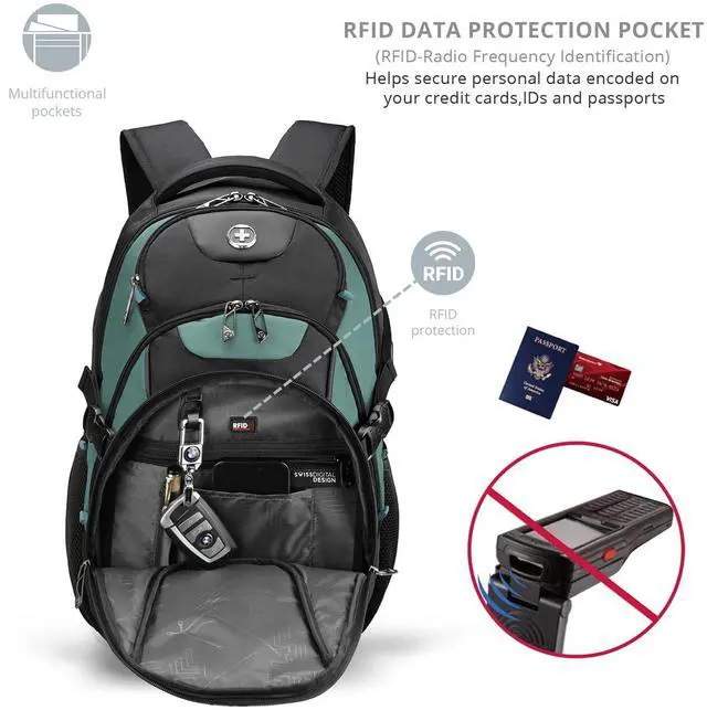 Alt view image 5 of 5 - Swissdigital Laptop Backpack with USB Charging Port, TSA Travel Backpack Fits 15.6 inches Computer, 31L College School Backpack for Men, Lake Green/Black | SD803