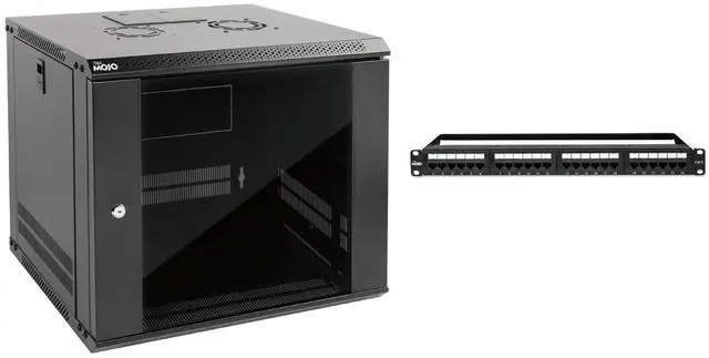 Main image of Tecmojo 9U Wall Mount Server Cabinet & Patch Panel 24 Port, Network Rack Lockable Enclosure 17.7in Depth with Side Panels and Cooling Fans, Keystone Patch Panel Cat6/Cat5e/Cat5 with Cable Management