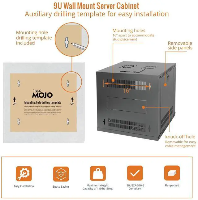 Alt view image 5 of 5 - Tecmojo 9U Wall Mount Server Cabinet & Patch Panel 24 Port, Network Rack Lockable Enclosure 17.7in Depth with Side Panels and Cooling Fans, Keystone Patch Panel Cat6/Cat5e/Cat5 with Cable Management