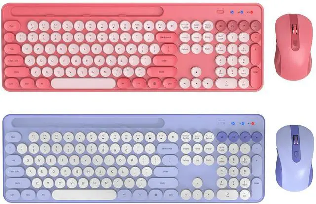 Main image of Wireless Keyboard and Mouse Combo, Pink & Purple Retro Round Keycaps, Cute Full-Size Typewriter Keyboard with Phone Holder, Sleep Mode, Click Soft, 2.4GHz Cordless Connection for Windows/PC/Laptop