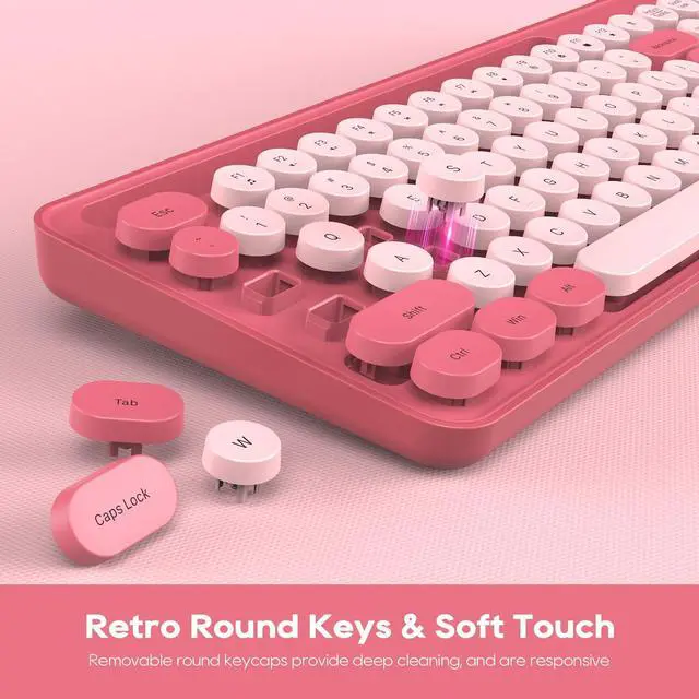 Alt view image 3 of 5 - Wireless Keyboard and Mouse Combo, Pink & Purple Retro Round Keycaps, Cute Full-Size Typewriter Keyboard with Phone Holder, Sleep Mode, Click Soft, 2.4GHz Cordless Connection for Windows/PC/Laptop