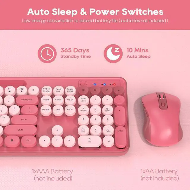 Alt view image 5 of 5 - Wireless Keyboard and Mouse Combo, Pink & Purple Retro Round Keycaps, Cute Full-Size Typewriter Keyboard with Phone Holder, Sleep Mode, Click Soft, 2.4GHz Cordless Connection for Windows/PC/Laptop