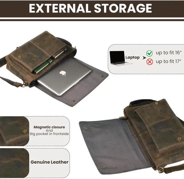 Alt view image 3 of 5 - LEATHER VILLAGE Vintage Leather Handmade Laptop Messenger Bag - 15.5 Inch Brown Satchel for Men & Women, Crossbody Briefcase for Office, Travel & Daily Use