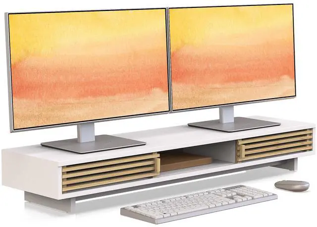 Main image of WELL WENG Monitor Stand Riser with Sliding Door, Desk Shelf with Storage (White + Natural Bamboo, 38 Inch)
