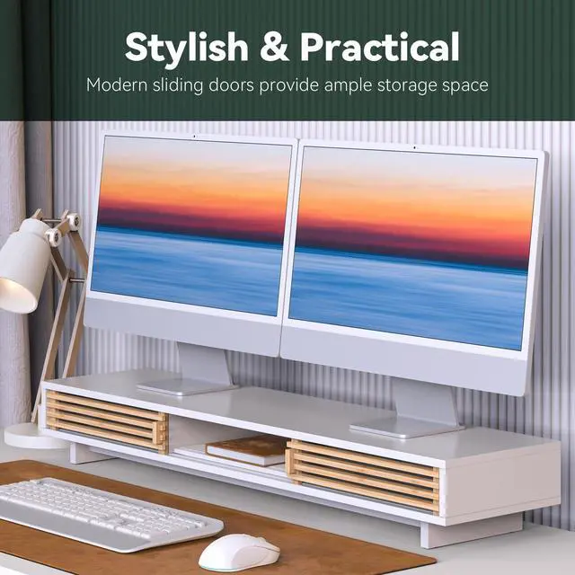 Alt view image 3 of 5 - WELL WENG Monitor Stand Riser with Sliding Door, Desk Shelf with Storage (White + Natural Bamboo, 38 Inch)