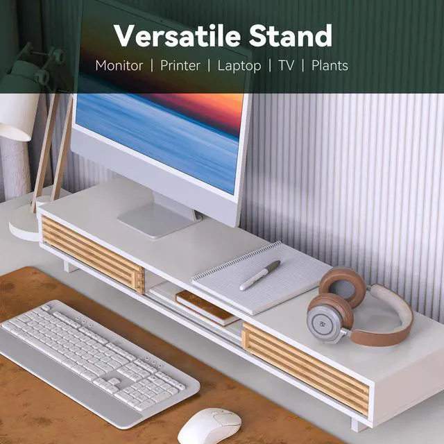 Alt view image 2 of 5 - WELL WENG Monitor Stand Riser with Sliding Door, Desk Shelf with Storage (White + Natural Bamboo, 38 Inch)